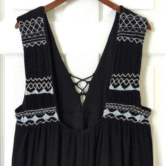 Free People Simply Embroidered Yoke Sleeveless Lace Up V-neck Mini Dress Black L - Picture 11 of 13